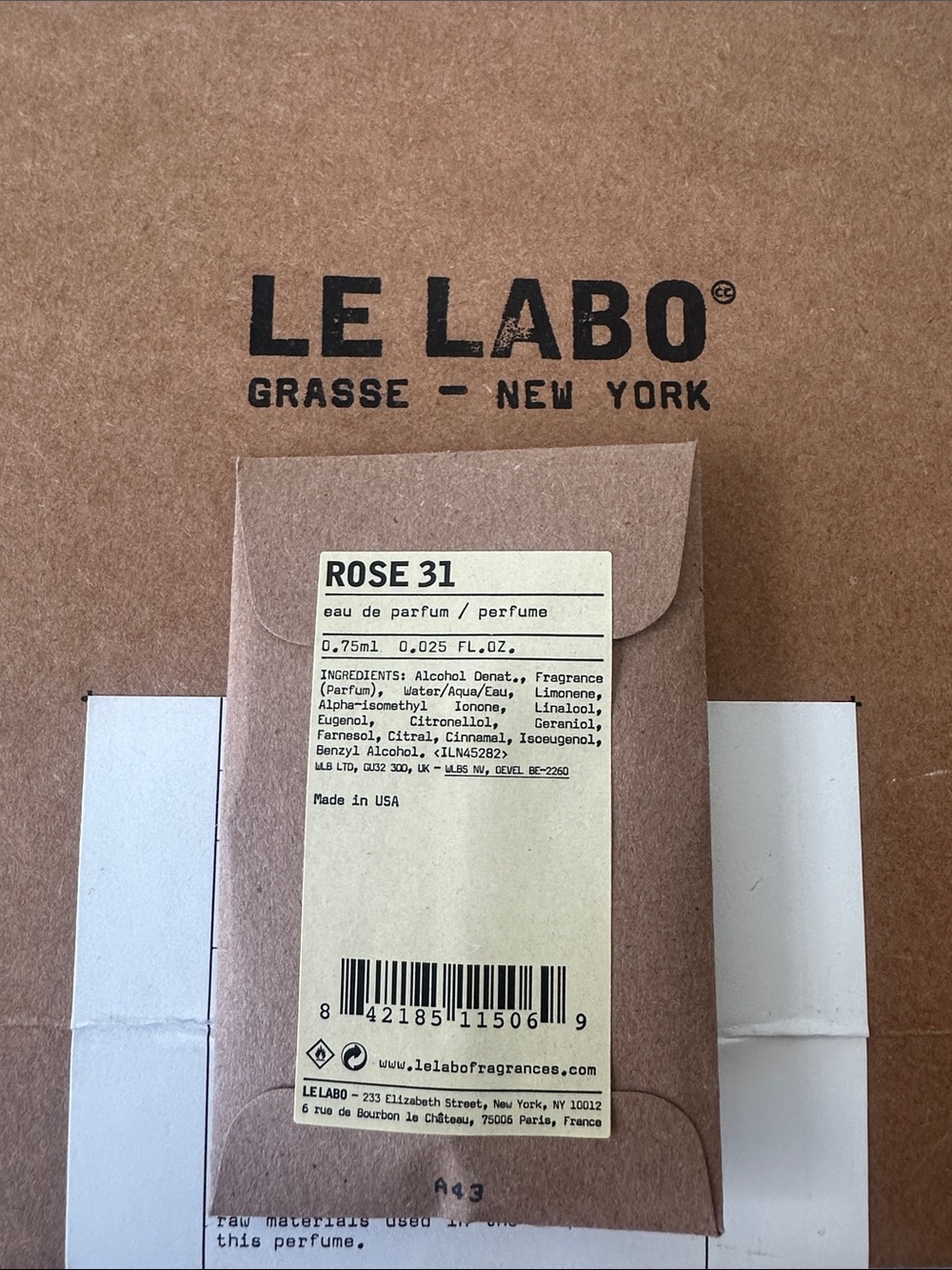 Le Labo Rose 31 — Brown & Cream Kraft Sample Packaging